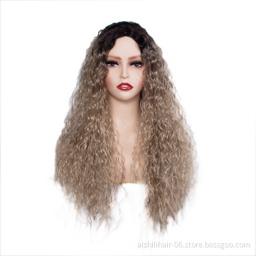 Wholesale Long synthetic fiber heat resistant ombre black to light brown water wave fiber synthettic hair wigs for women